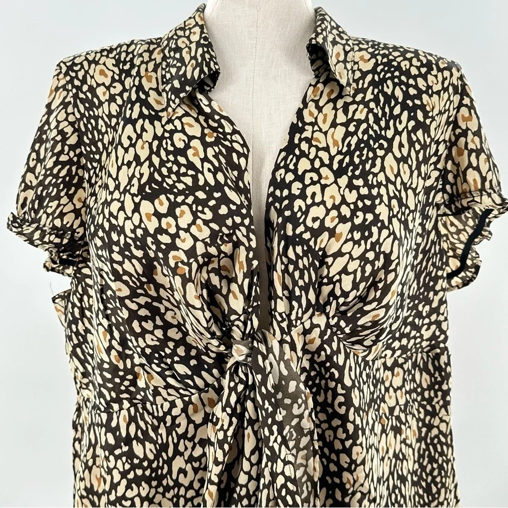 Lane Bryant womens top size 22-24 brown leopard print knotted neck career